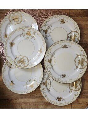 Hand Painted Gold Moriage 7.25” Vintage Salad Lunch Plates Set Nippon Mori-Mashi